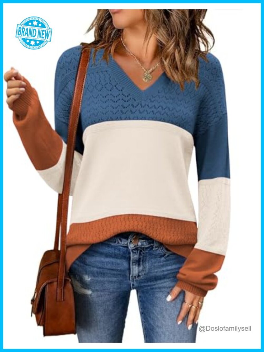 V Neck Long Sleeve Crochet Knit Pullover Sweater